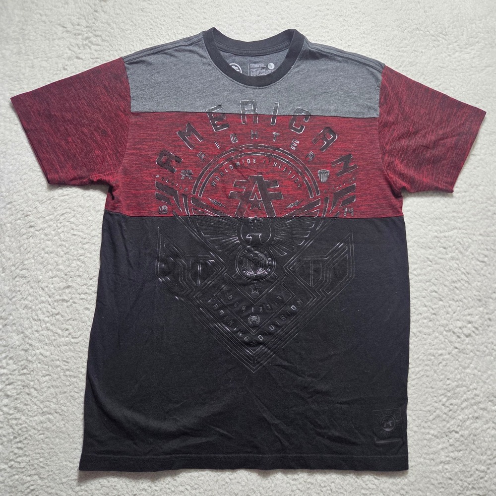 American Fighter T-Shirt Mens Large Black Red Grey Colorblock Graphic Buckle Tee